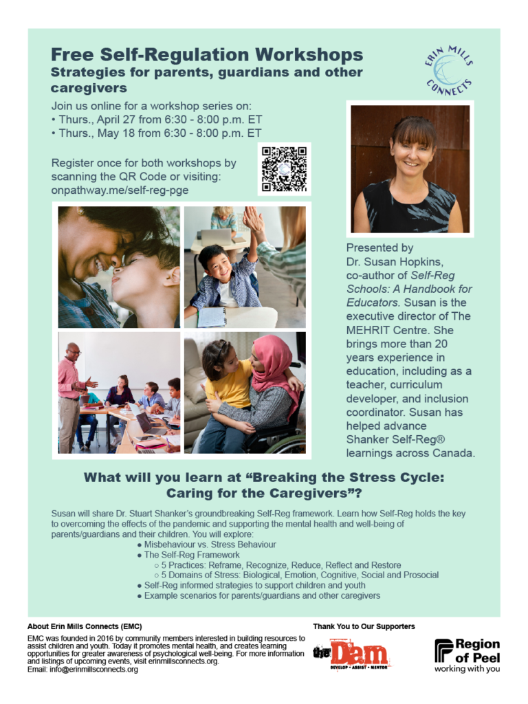 a poster about workshops on Self-Reg. Picture of instructor Susan Hopkins of The MEHRIT Centre, and teachers and parents helping young people.