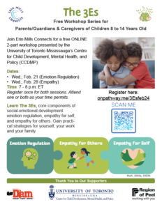 The 3Es poster for Feb. 21 and 28 at 7 p.m. ET online workshops shows a graphic about Emotion Regulation, Empathy for Others and Empathy for Self. Registration QR code goes to https://onpathway.me/3Esfeb24 for free registration. Photo of two children, one is looking down. The other child is hugging the first child.