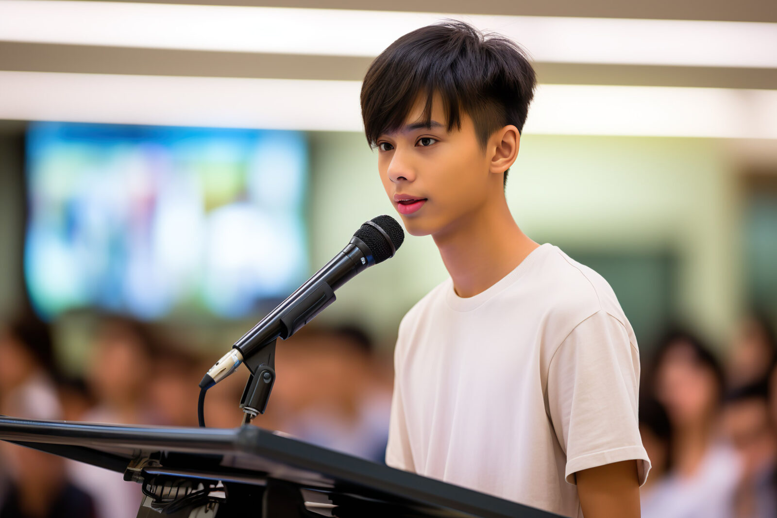 A teen is speaking to a crowd from a podium