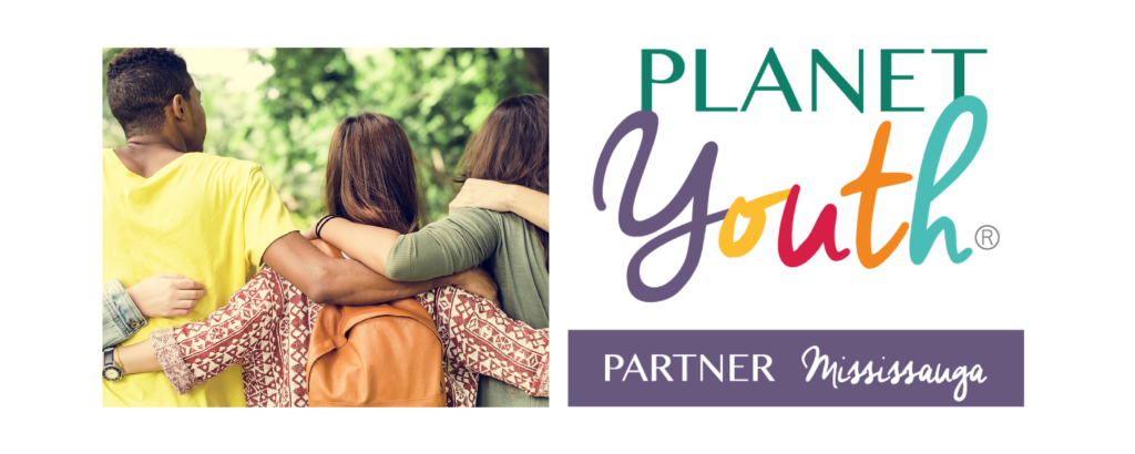 photo of three young people of diverse backgrounds with their arms over each other's shoulders and the logo of Planet Youth Mississauga